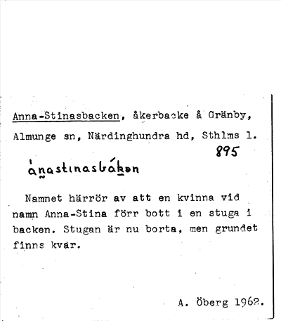 Bild på arkivkortet för arkivposten Anna-Stinasbacken