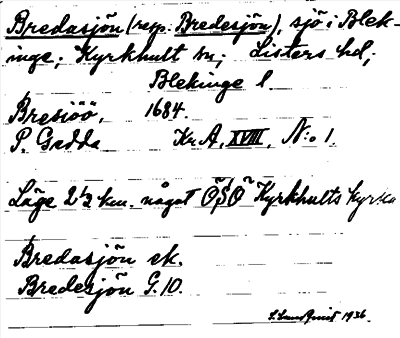 Bild på arkivkortet för arkivposten Bredasjön (resp. Bredesjön)