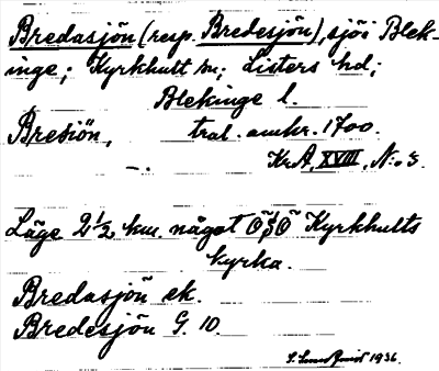 Bild på arkivkortet för arkivposten Bredasjön (resp. Bredesjön)