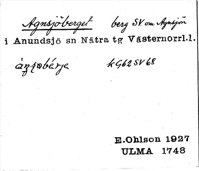 Bild på arkivkortet för arkivposten Agnsjöberget