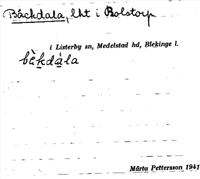 Bild på arkivkortet för arkivposten Bäckdala