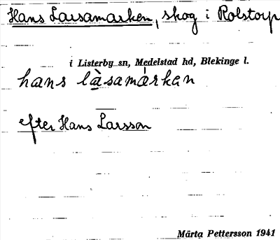 Bild på arkivkortet för arkivposten Hans Larsamarken