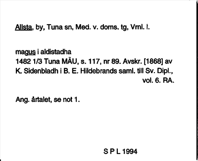 Bild på arkivkortet för arkivposten Allsta