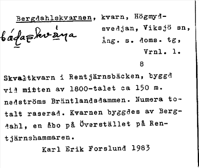 Bild på arkivkortet för arkivposten Bergdahlskvarnen