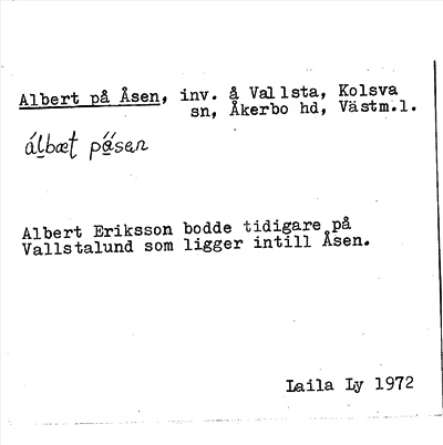 Bild på arkivkortet för arkivposten Albert på Åsen