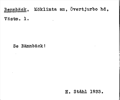 Bild på arkivkortet för arkivposten Bennbäck