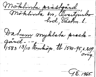 Bild på arkivkortet för arkivposten Möklinta prästgård