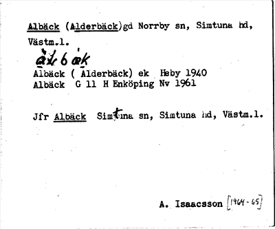 Bild på arkivkortet för arkivposten Albäck (Alderbäck)