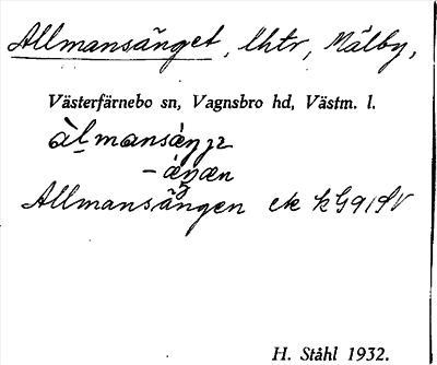 Bild på arkivkortet för arkivposten Allmansänget