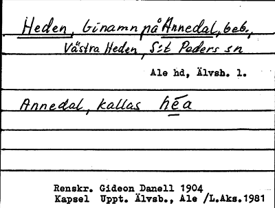 Bild på arkivkortet för arkivposten Heden, binamn på Annedal