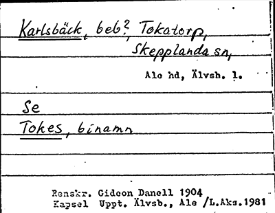 Bild på arkivkortet för arkivposten Karlsbäck, se Tokes