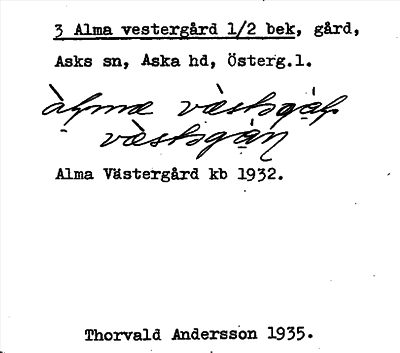 Bild på arkivkortet för arkivposten Alma vestergård