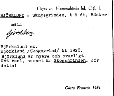 Bild på arkivkortet för arkivposten Björklund = Skogsgrinden