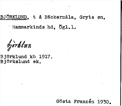 Bild på arkivkortet för arkivposten Björklund