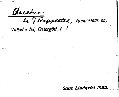 Bild på arkivkortet för arkivposten assedun, se Rappestad