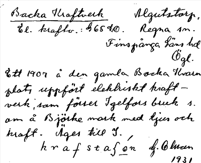 Bild på arkivkortet för arkivposten Backa Kraftverk