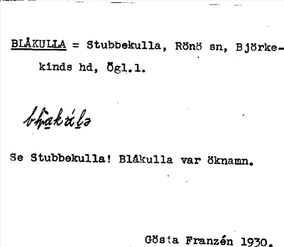 Bild på arkivkortet för arkivposten Blåkulla = Stubbekulla