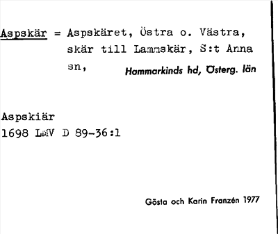 Bild på arkivkortet för arkivposten Aspskär = Aspskäret