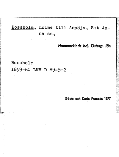 Bild på arkivkortet för arkivposten Bossholm
