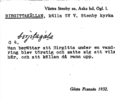 Bild på arkivkortet för arkivposten Birgittakällan