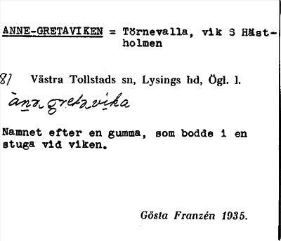 Bild på arkivkortet för arkivposten Anne-Gretaviken =Törnevalla