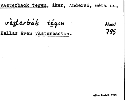 Bild på arkivkortet för arkivposten Västerback tegen