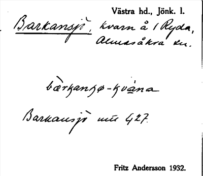 Bild på arkivkortet för arkivposten Barkansjö