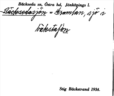 Bild på arkivkortet för arkivposten Bäcksedasjön