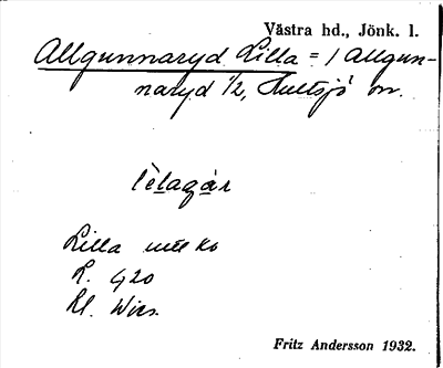 Bild på arkivkortet för arkivposten Allgunnaryd Lilla