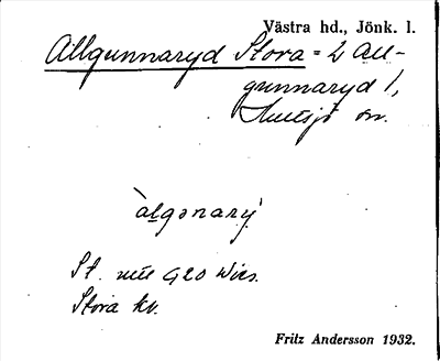 Bild på arkivkortet för arkivposten Allgunnaryd Stora