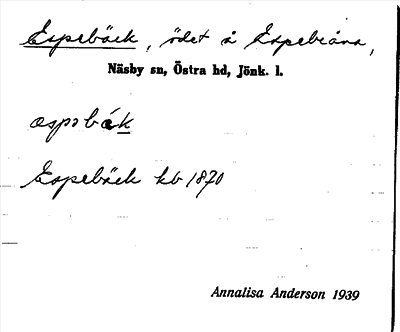 Bild på arkivkortet för arkivposten Espebäck