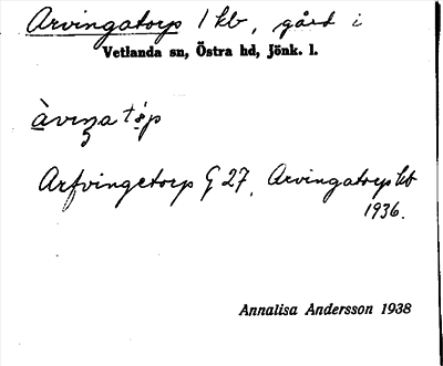 Bild på arkivkortet för arkivposten Arvingatorp