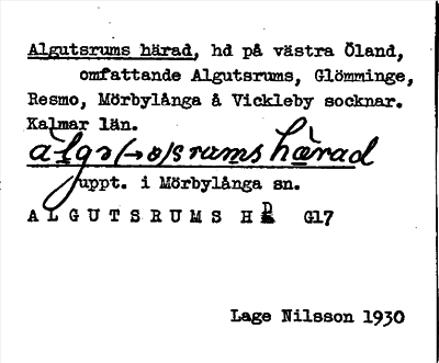 Bild på arkivkortet för arkivposten Algutsrums härad