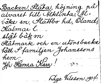 Bild på arkivkortet för arkivposten Backen, Släta, jfr Hemra Kärr