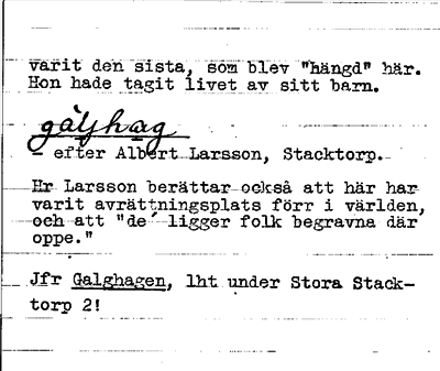 Bild på baksidan av arkivkortet för arkivposten Galghag