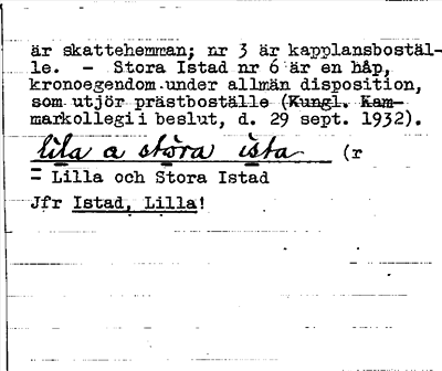 Bild på baksidan av arkivkortet för arkivposten Istad, Stora