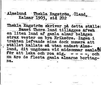 Bild på baksidan av arkivkortet för arkivposten Almlunden