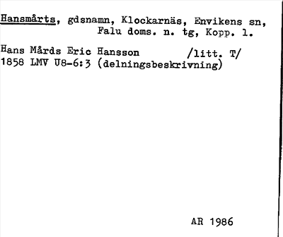 Bild på arkivkortet för arkivposten Hansmårts