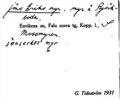 Bild på arkivkortet för arkivposten Jöns Eriks myr