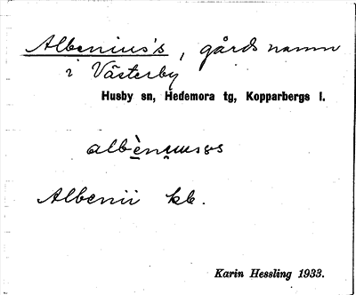 Bild på arkivkortet för arkivposten Albenius´s