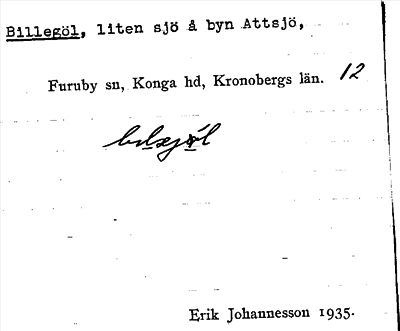 Bild på arkivkortet för arkivposten Billegöl
