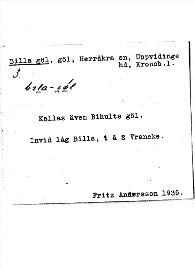 Bild på arkivkortet för arkivposten Billa göl
