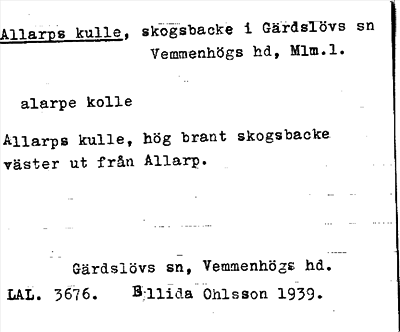 Bild på arkivkortet för arkivposten Allarps kulle
