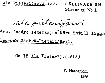 Bild på arkivkortet för arkivposten Ala Pietarijärvi