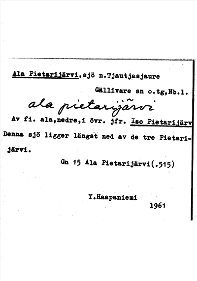 Bild på arkivkortet för arkivposten Ala Pietarijärvi