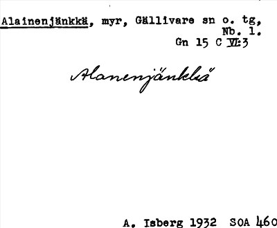 Bild på arkivkortet för arkivposten Alainenjänkkä