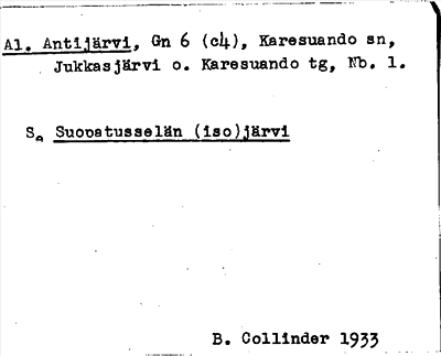Bild på arkivkortet för arkivposten Al. Antijärvi, se Suopatusselän (iso)järvi