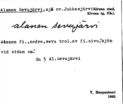 Bild på arkivkortet för arkivposten Alanen Sevujärvi