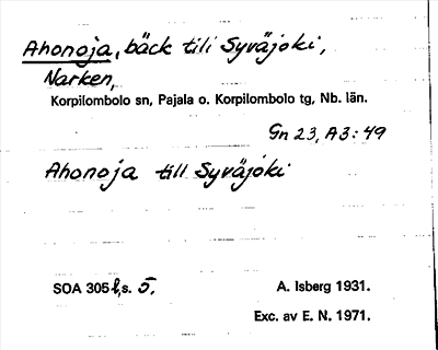 Bild på arkivkortet för arkivposten Ahonoja