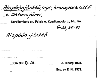 Bild på arkivkortet för arkivposten Alapäänjänkkä